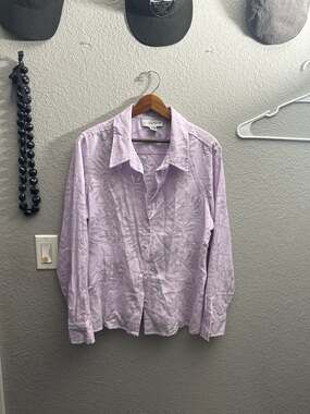 Sag Harbor Purple Floral Embroidered Sheer Button Up Blouse with Flower Buttons
